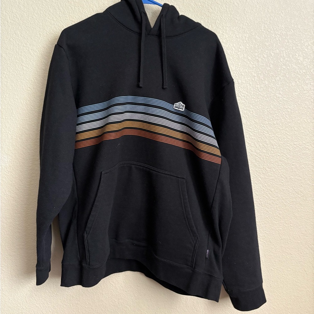 Patagonia Black Hoodie with Multicolor Stripes